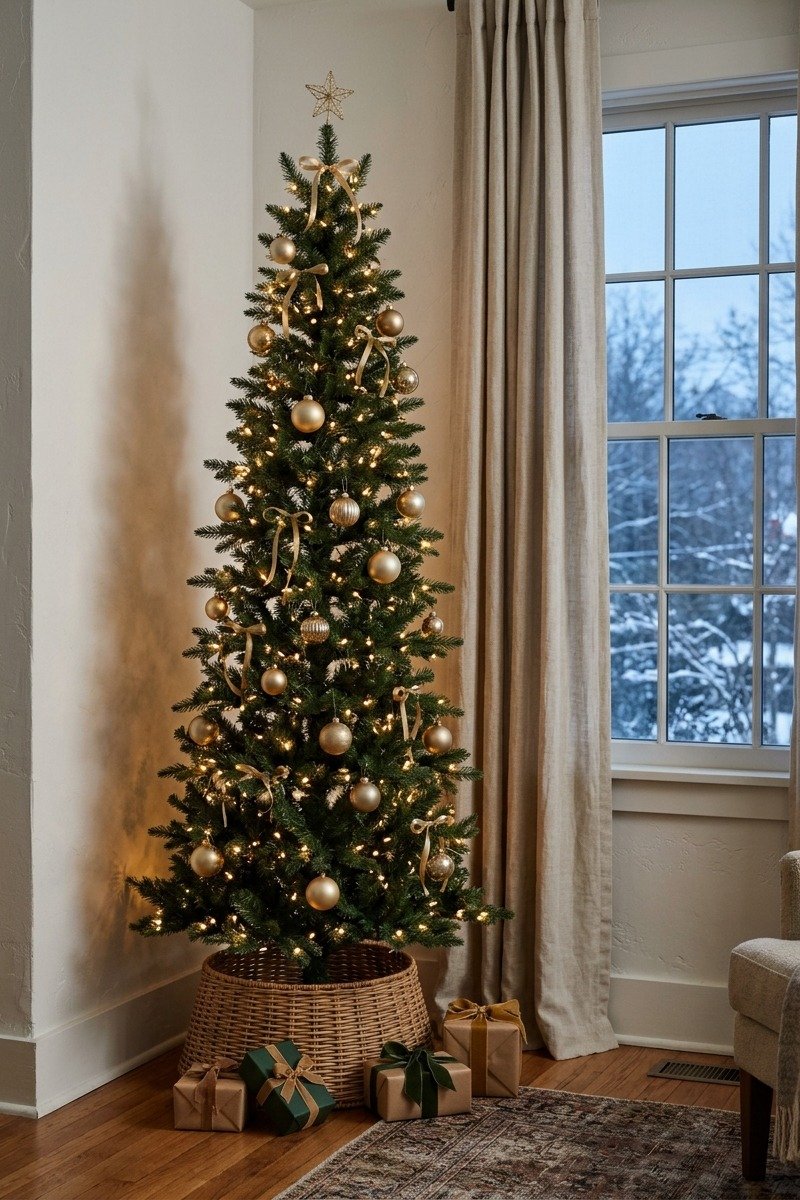Slim pencil Christmas tree in a corner