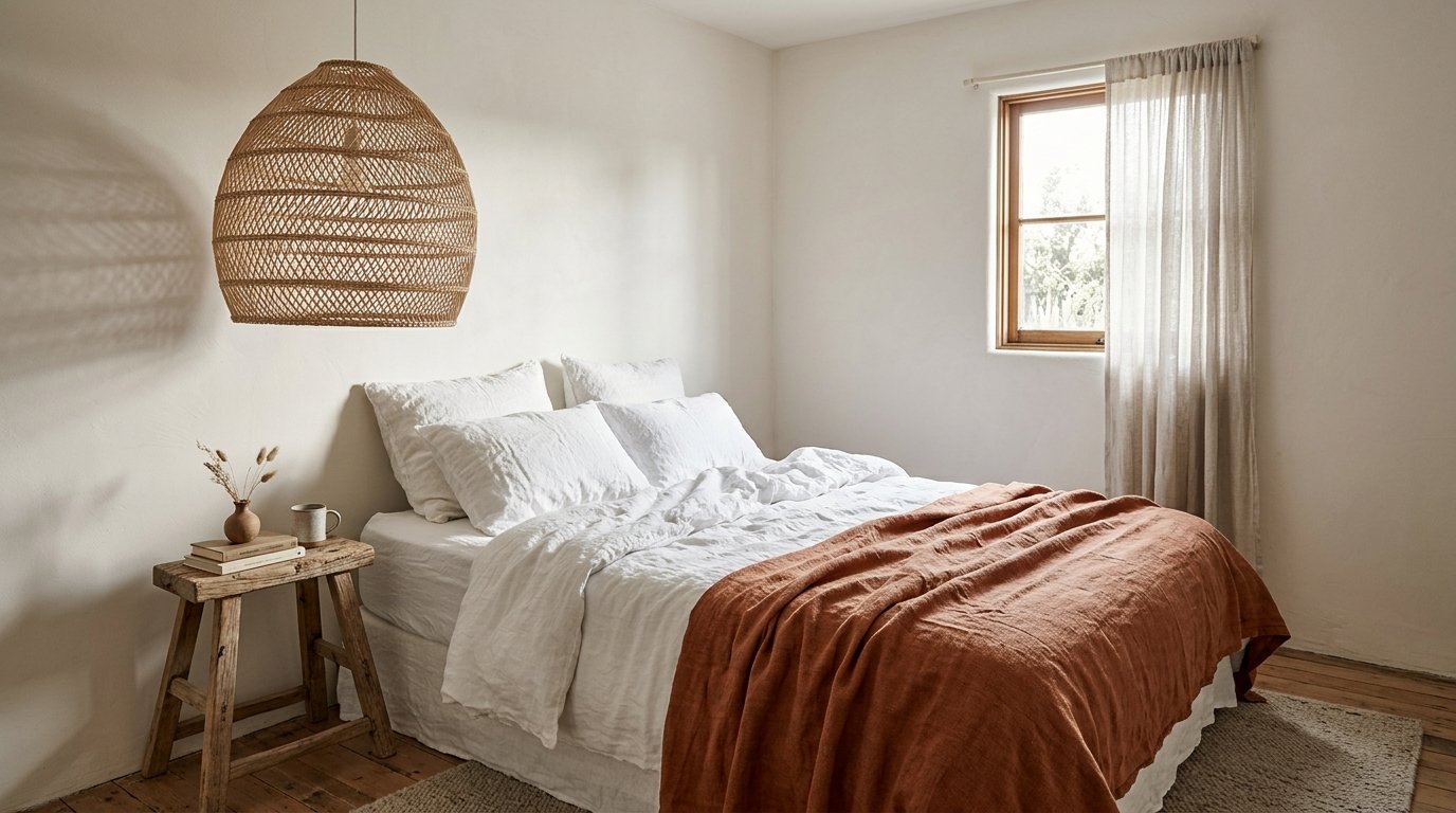 Rattan pendant light hanging in a small bedroom