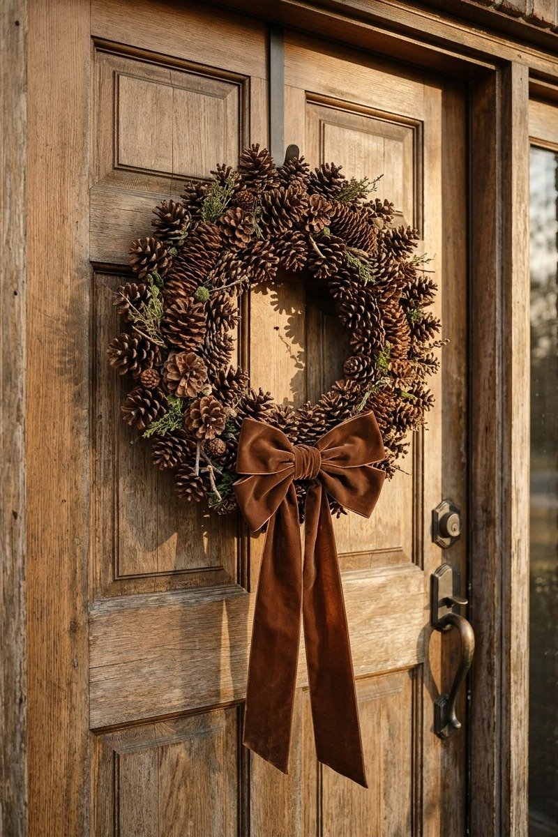 Pinecone wreath on a wooden door