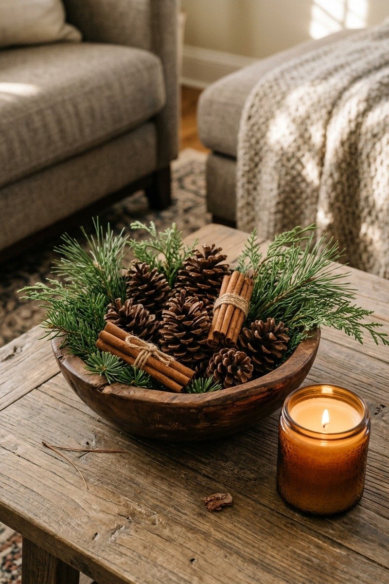 Bowl of pinecones and greenery on a table