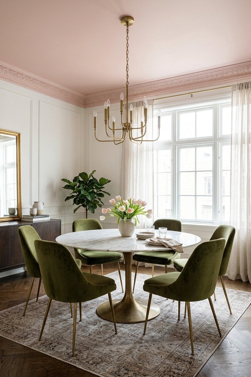 Dining room with a soft blush pink painted ceiling
