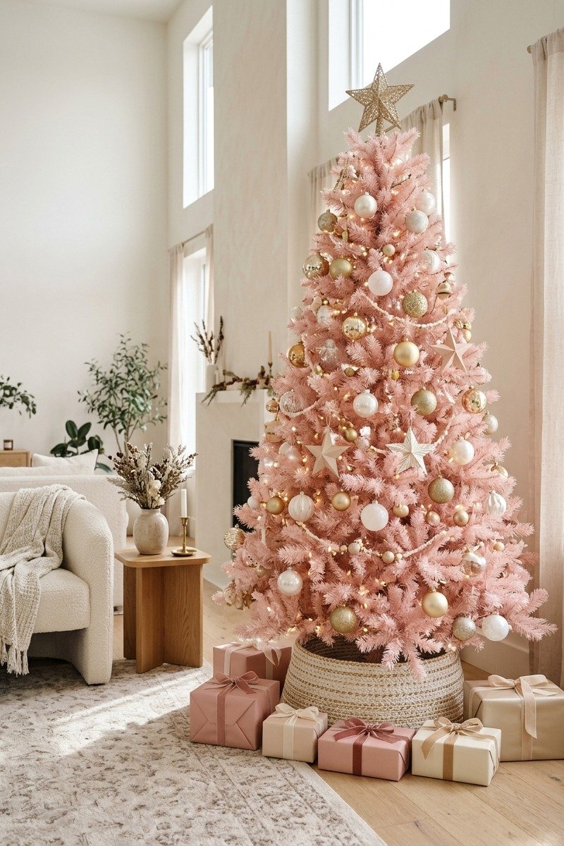 Pink Christmas tree with ornaments