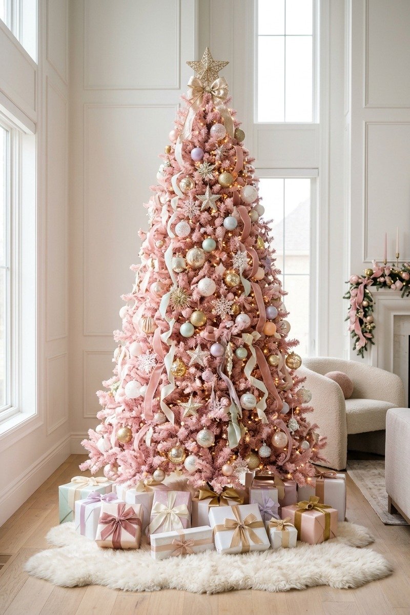 Whimsical pink Christmas tree with gold ornaments