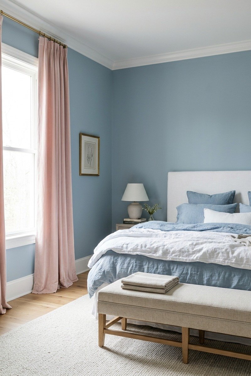 Pink velvet curtains against blue walls in a bedroom