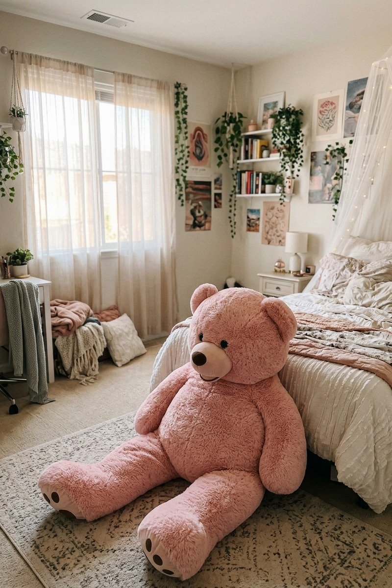 Pink giant teddy bear in a girl's room