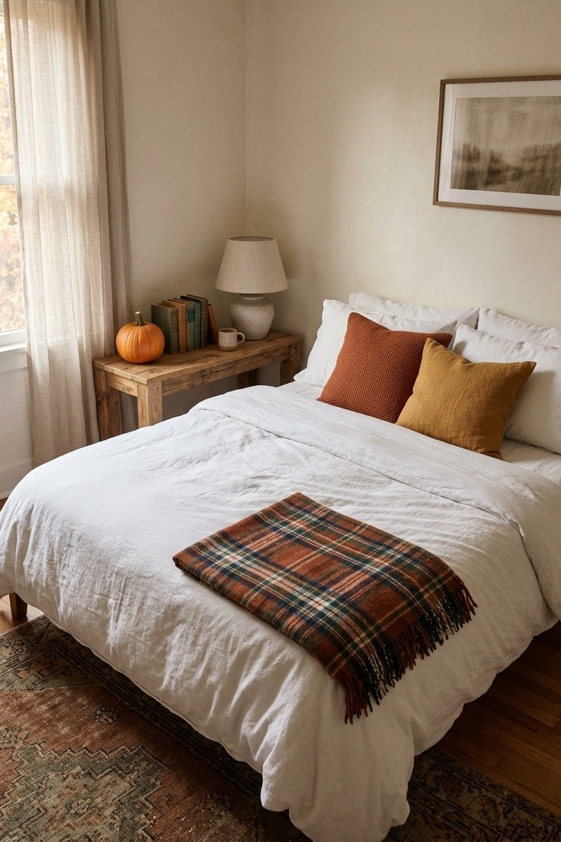 Bedroom with plaid throw and fall pillows