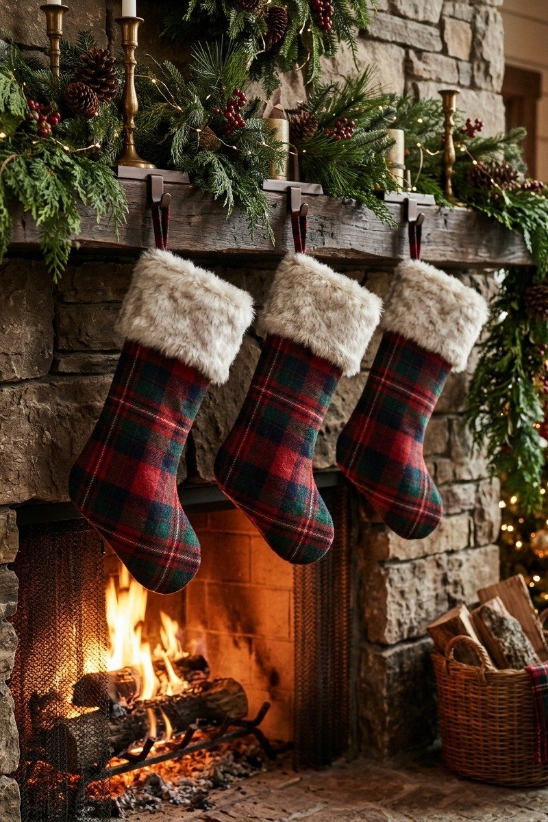 Red plaid stockings on a fireplace