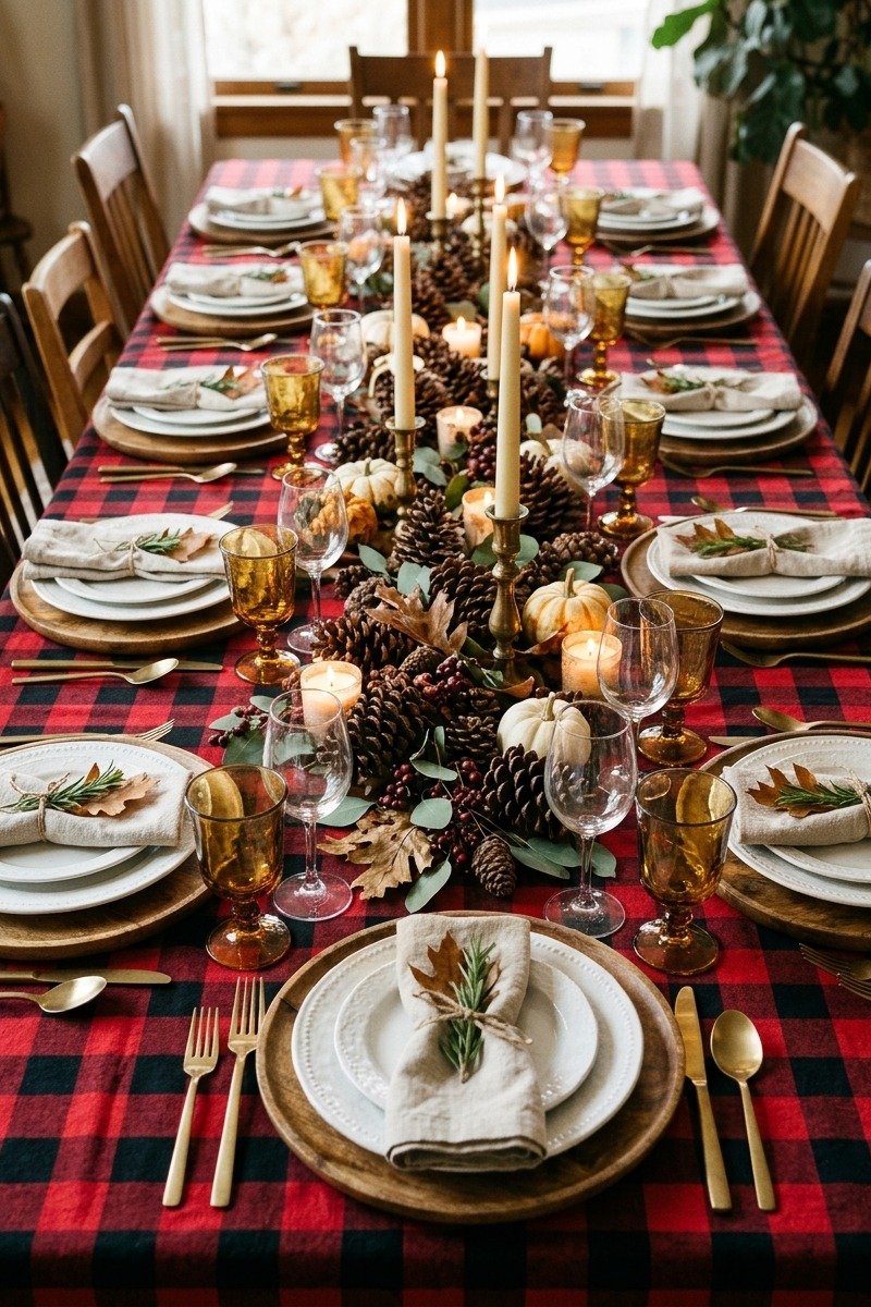 Plaid tablecloth on a Friendsgiving table