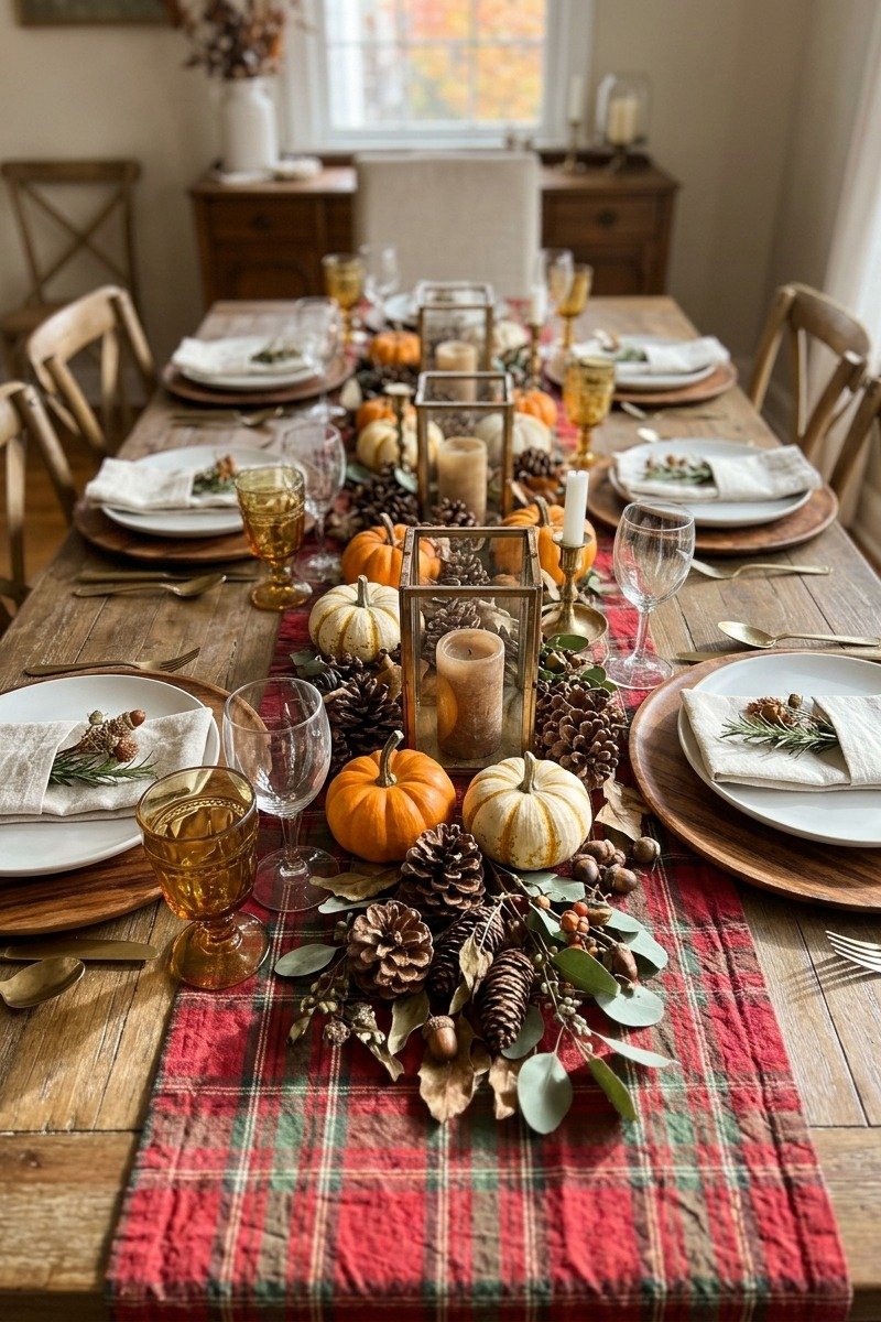 Plaid table runner Thanksgiving tablescape