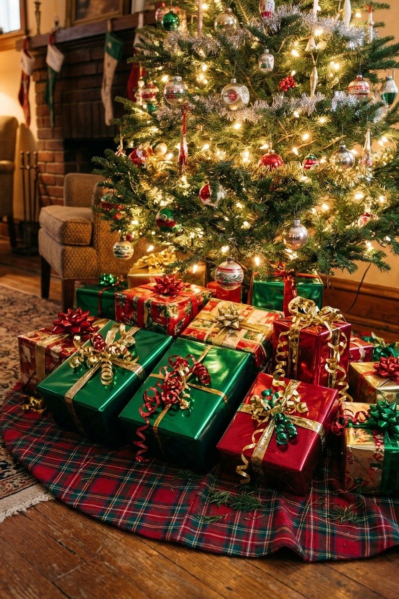 Red plaid tree skirt with wrapped presents