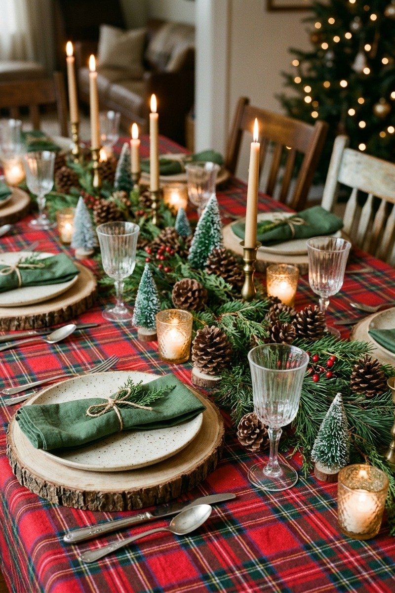 Plaid tablecloth with woodland Christmas centerpiece