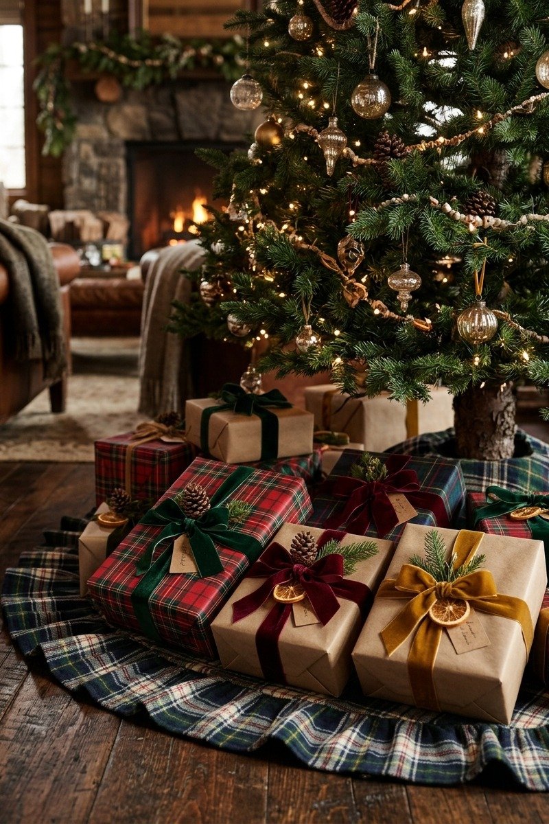 Presents wrapped in plaid paper under a tree
