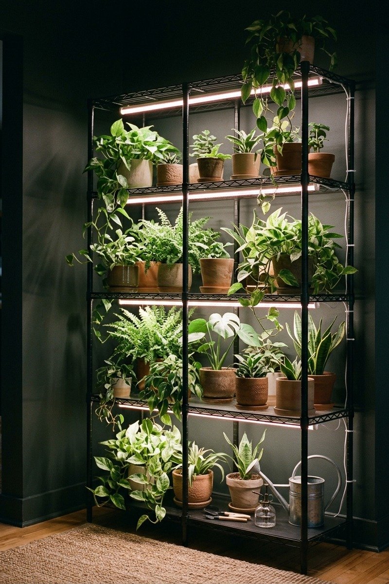 Plant shelf with grow lights