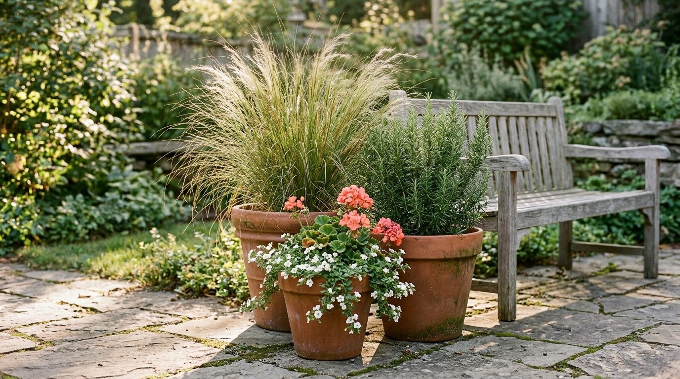 Cluster of three terracotta planters in different heights on a patio