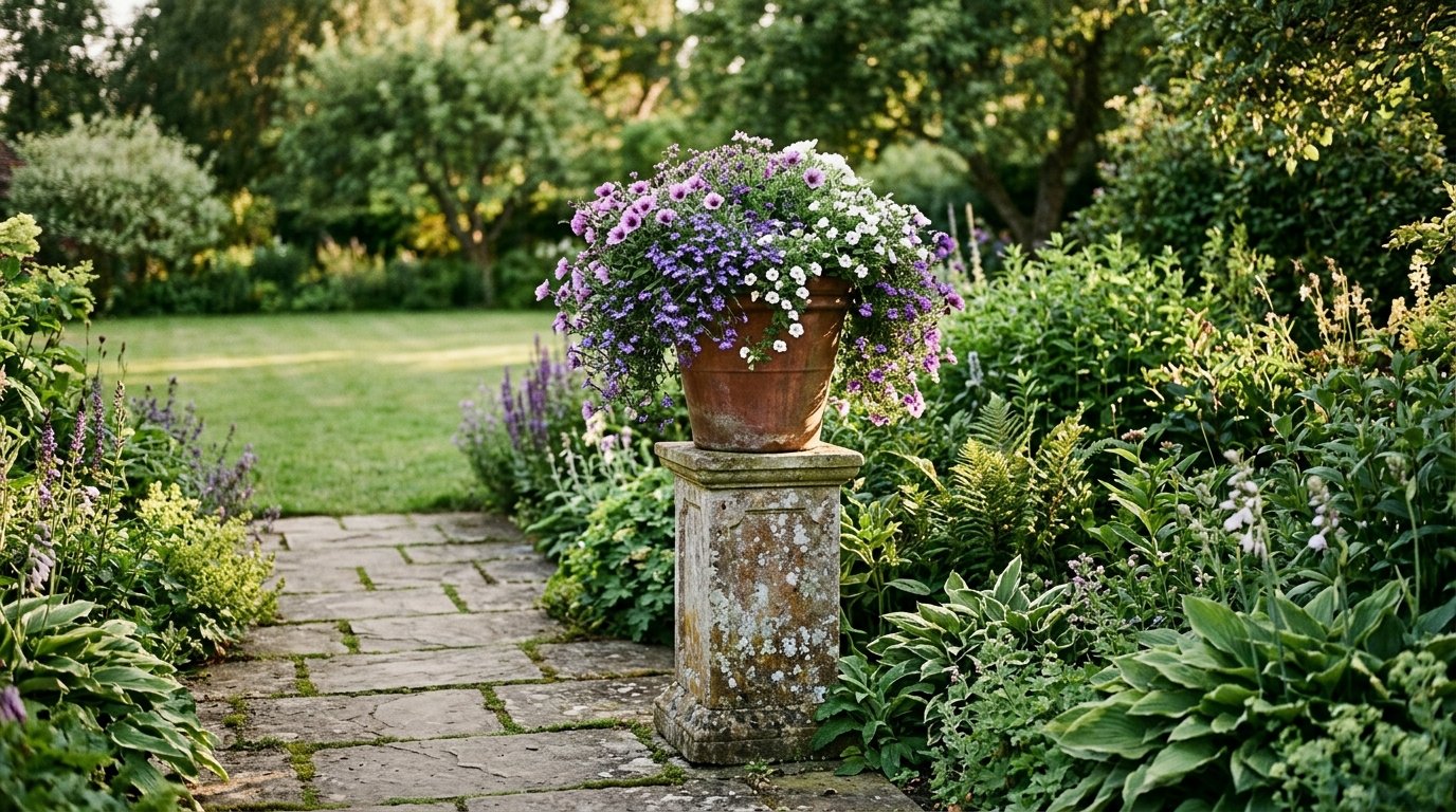 Planter raised on a stone plinth with trailing flowers in a garden