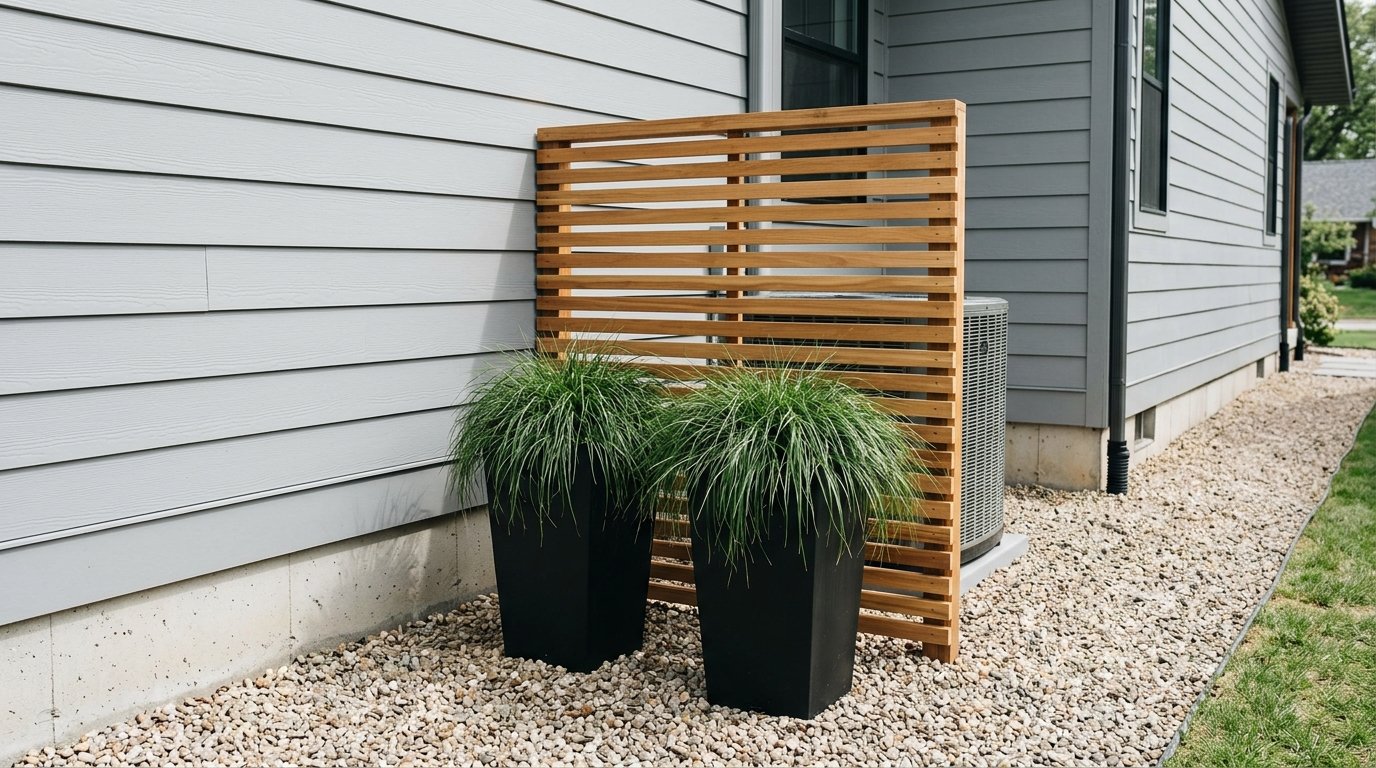 Tall planters with grasses screening an air conditioning unit beside a house