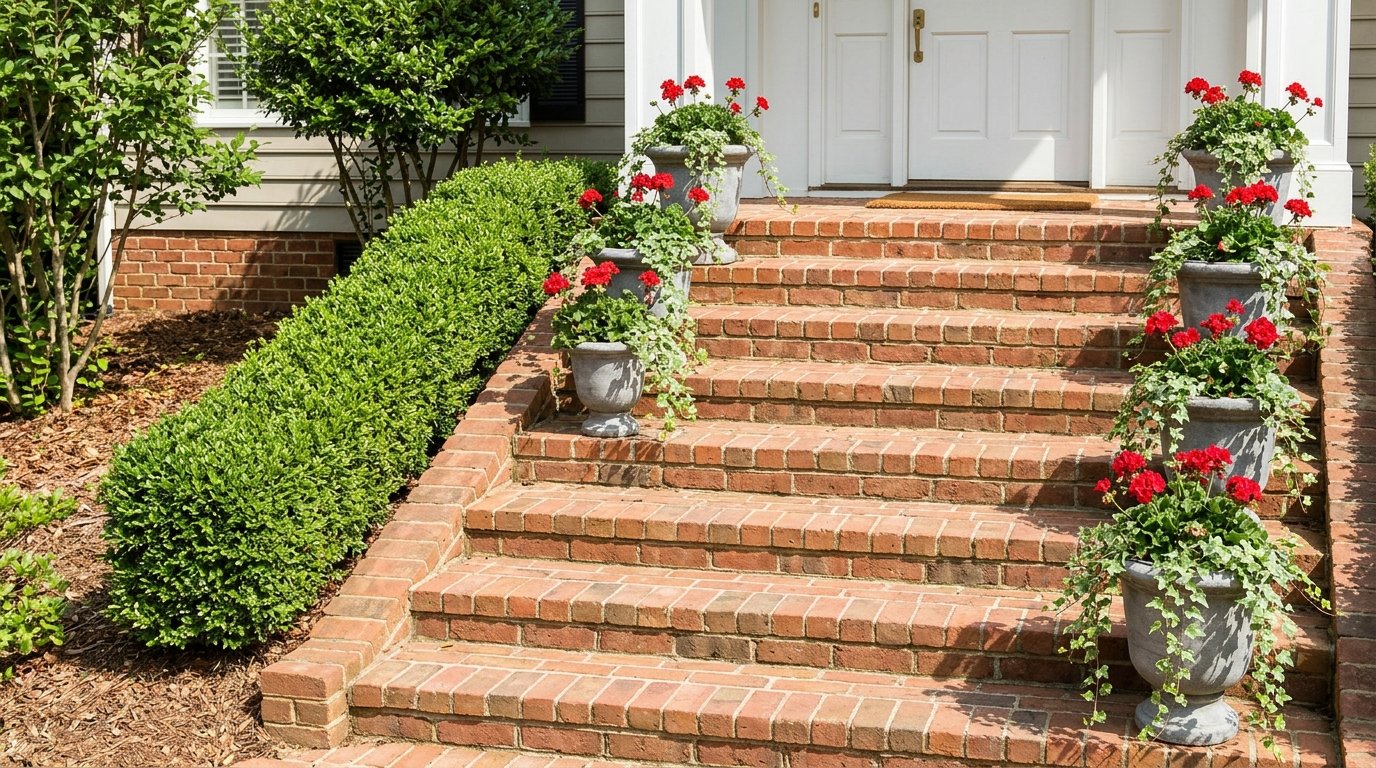 Matching planters with red geraniums lining brick front steps