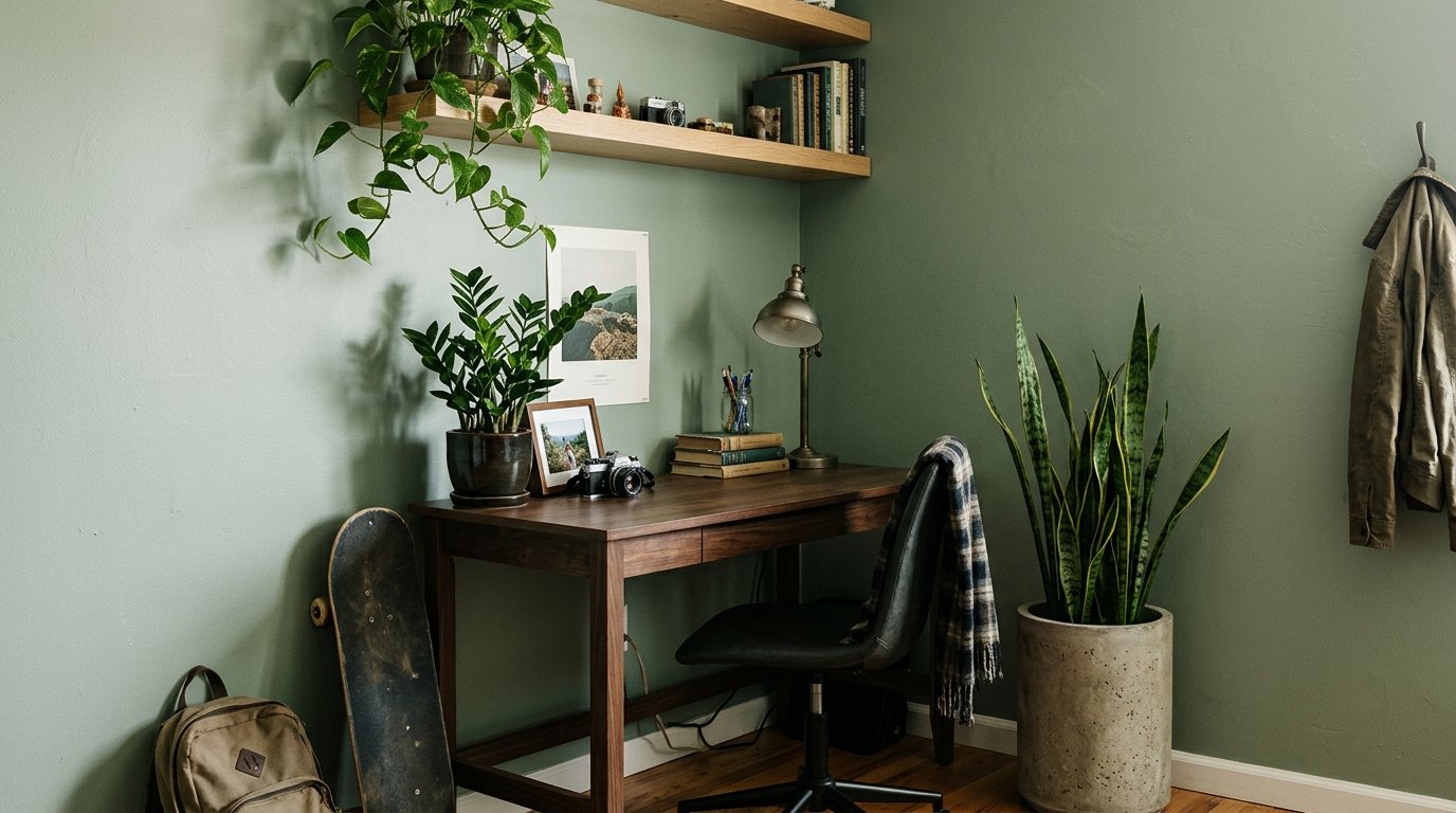 Easy-care plants and personal decor on a shelf and desk in an older boys bedroom