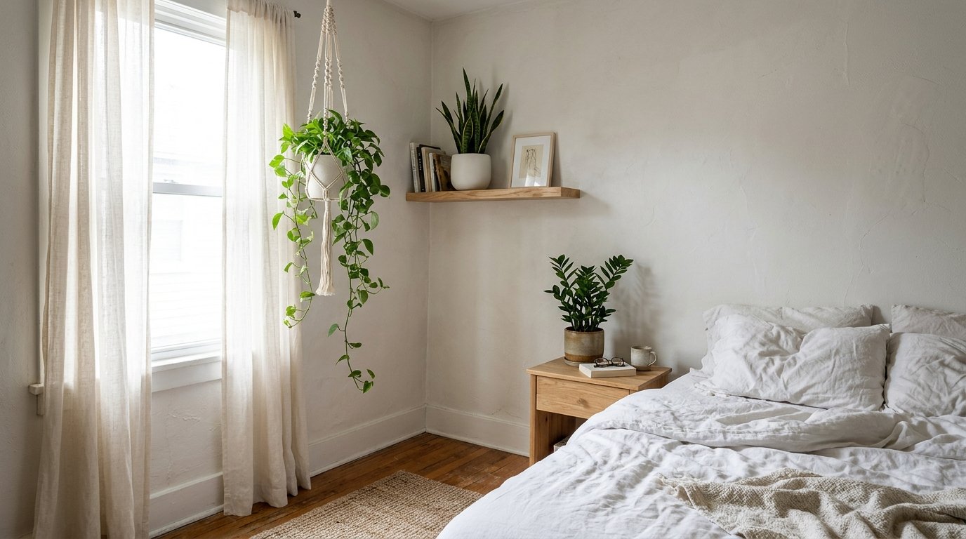 Trailing plants on shelves and a hanging planter in a small bedroom