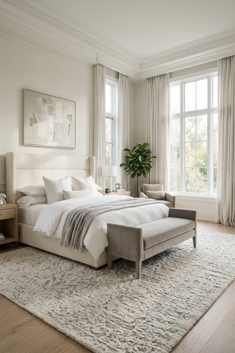 Large plush neutral area rug under a king bed