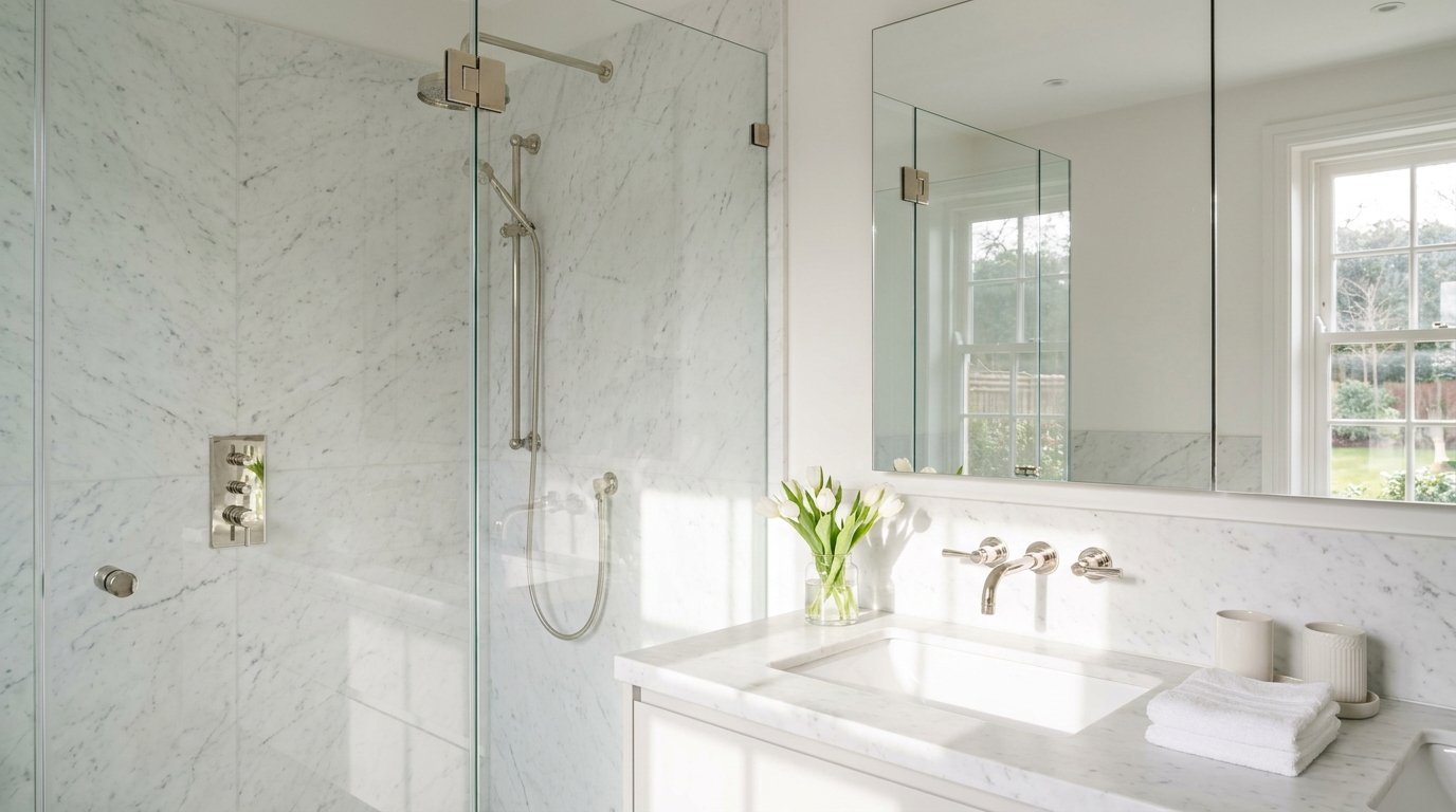 Bright modern bathroom with polished nickel fixtures, white marble and frameless glass shower