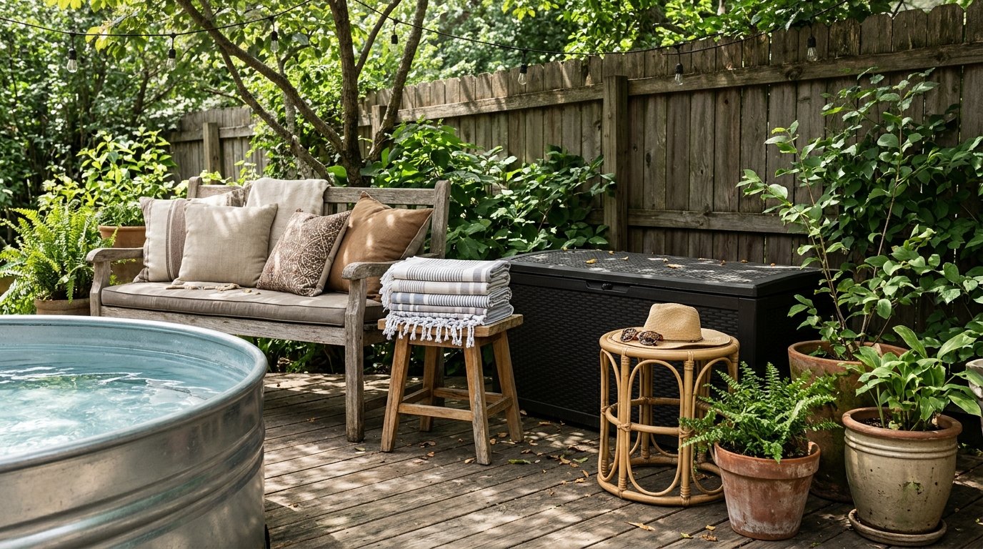 Poolside towels, cushions and deck box next to a galvanized stock tank pool