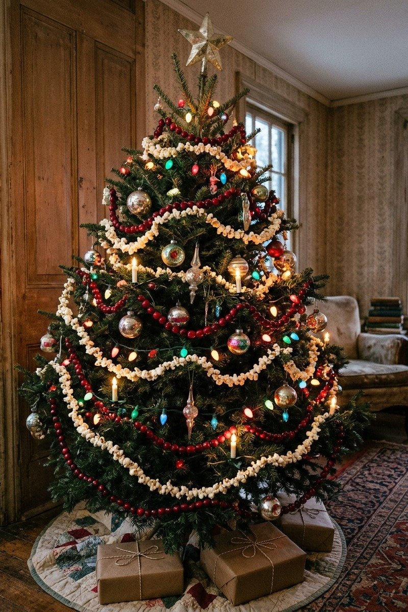 Popcorn and cranberry garland on a tree