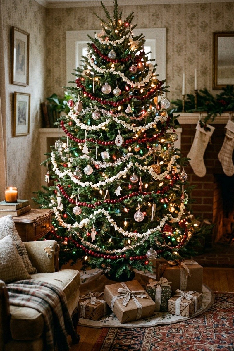 Popcorn and cranberry garland on a Christmas tree