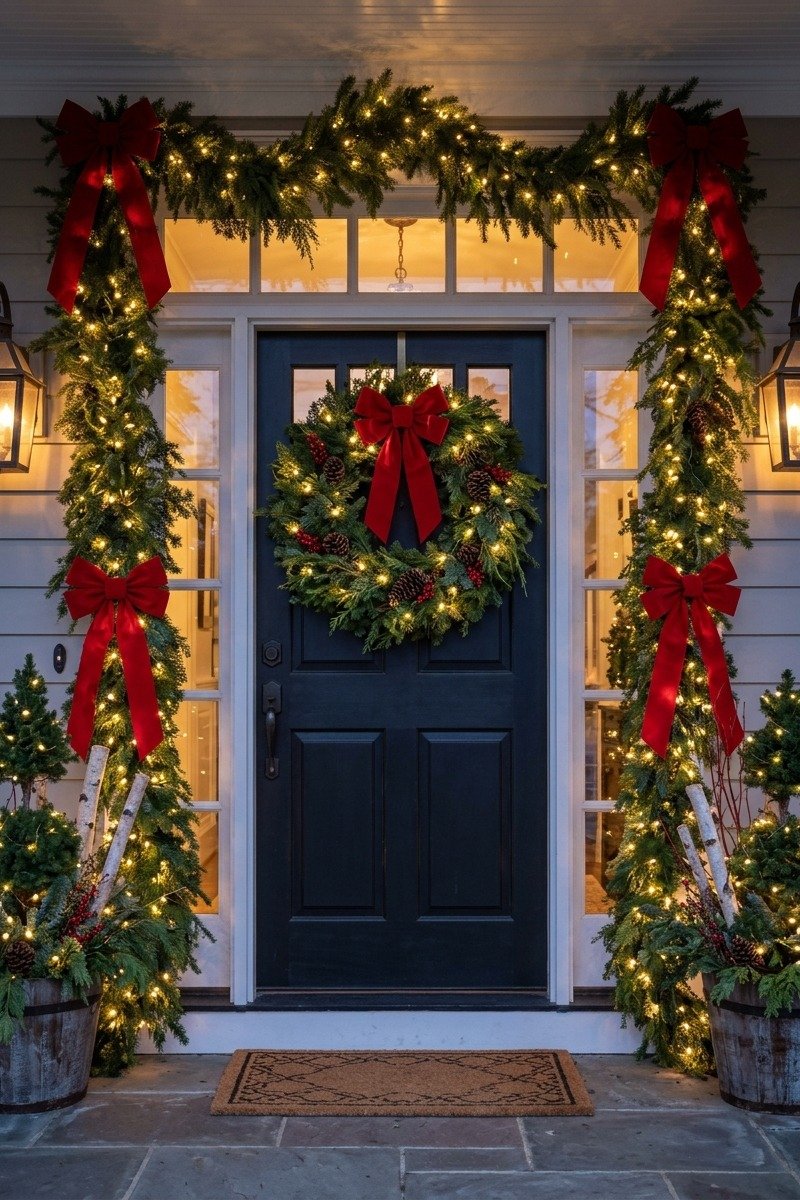 Front door framed with lit garland