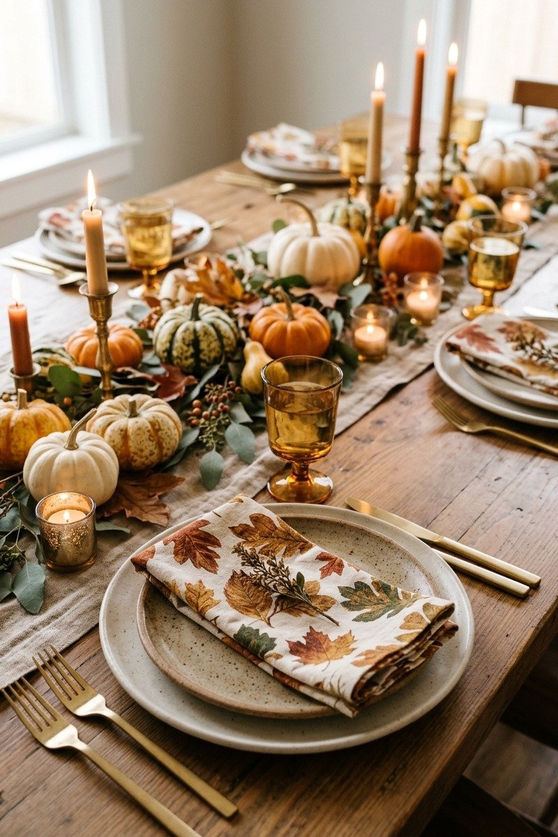 Fall printed napkins on Friendsgiving plates