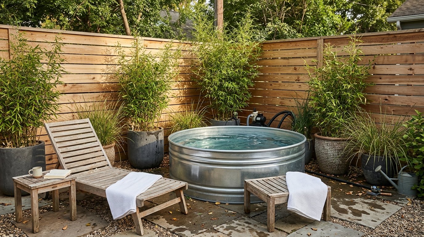 Stock tank pool with horizontal slatted wood privacy screen and planters
