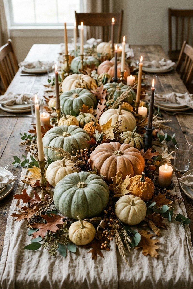 Pumpkin and gourd centerpiece on a Thanksgiving table