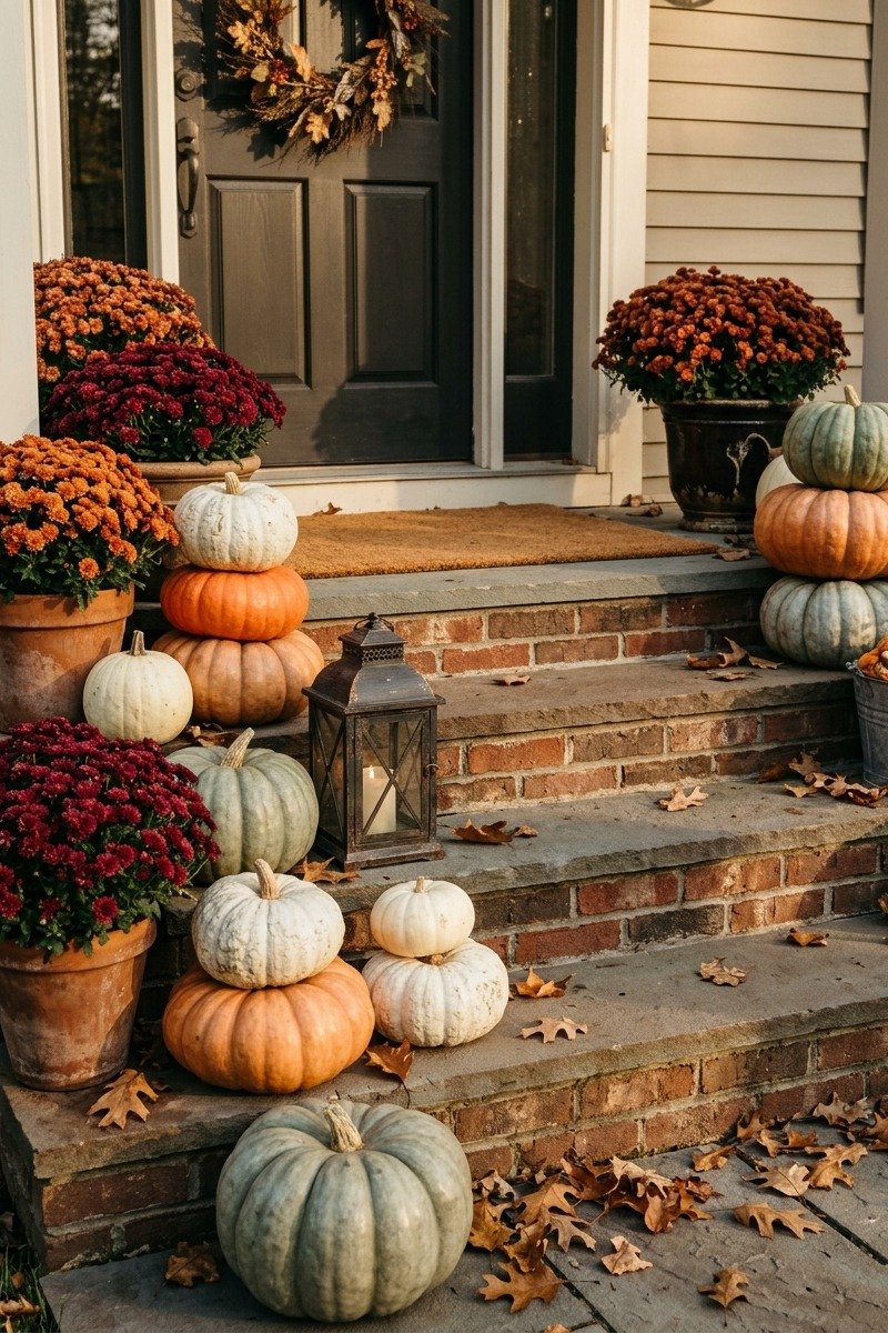 Porch steps decorated with pumpkins and mums