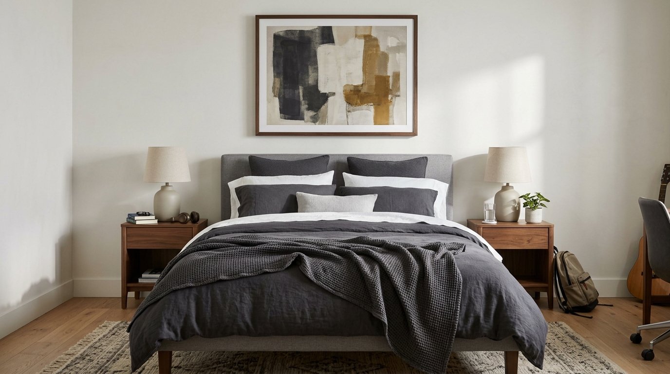 Teen boys bedroom with queen platform bed, upholstered headboard and layered bedding