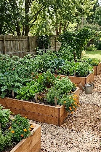 Raised garden beds with vegetables