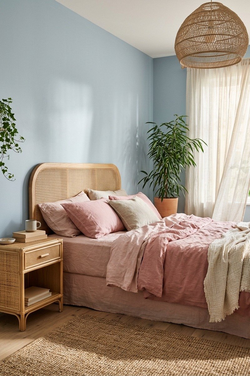 Rattan and cane furniture in a blue and pink bedroom