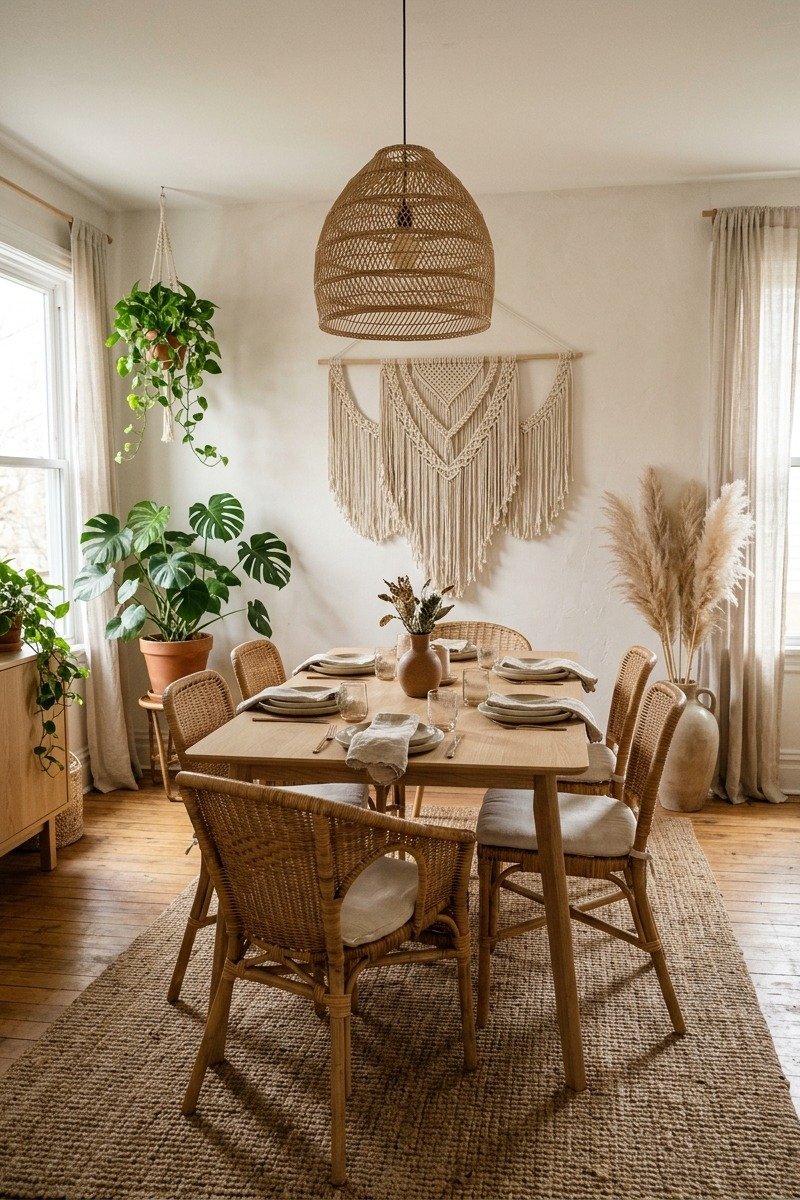 Boho dining room with rattan chairs and a jute rug