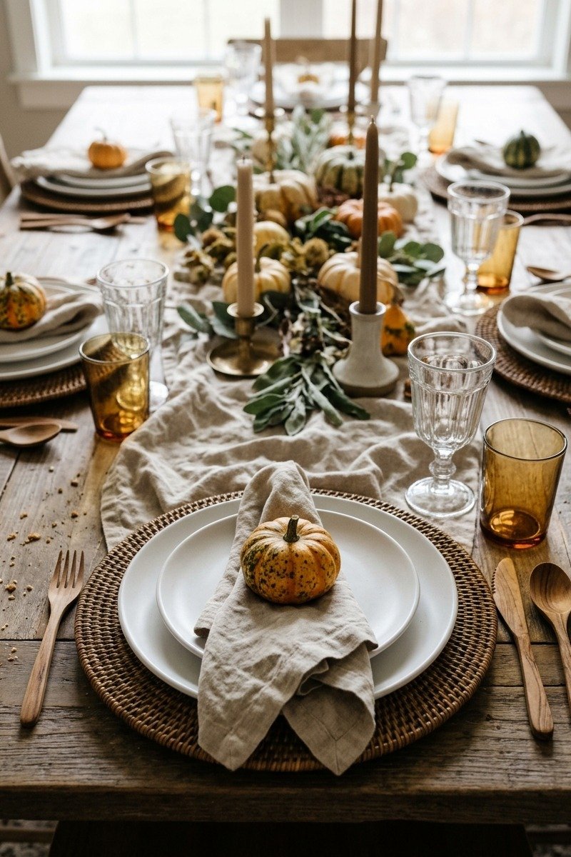 Woven rattan chargers with linen napkins on a Thanksgiving table