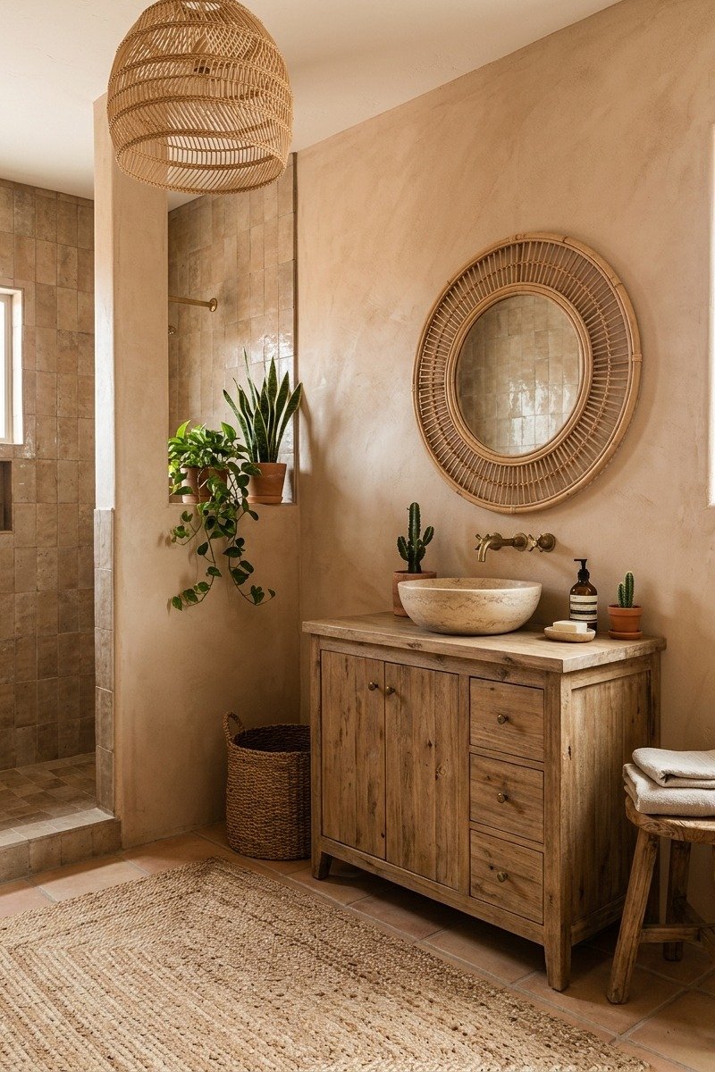 Rattan mirror and jute accents in a bathroom