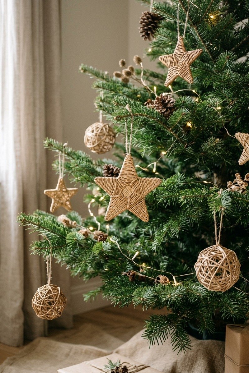 Woven rattan star ornaments on a tree