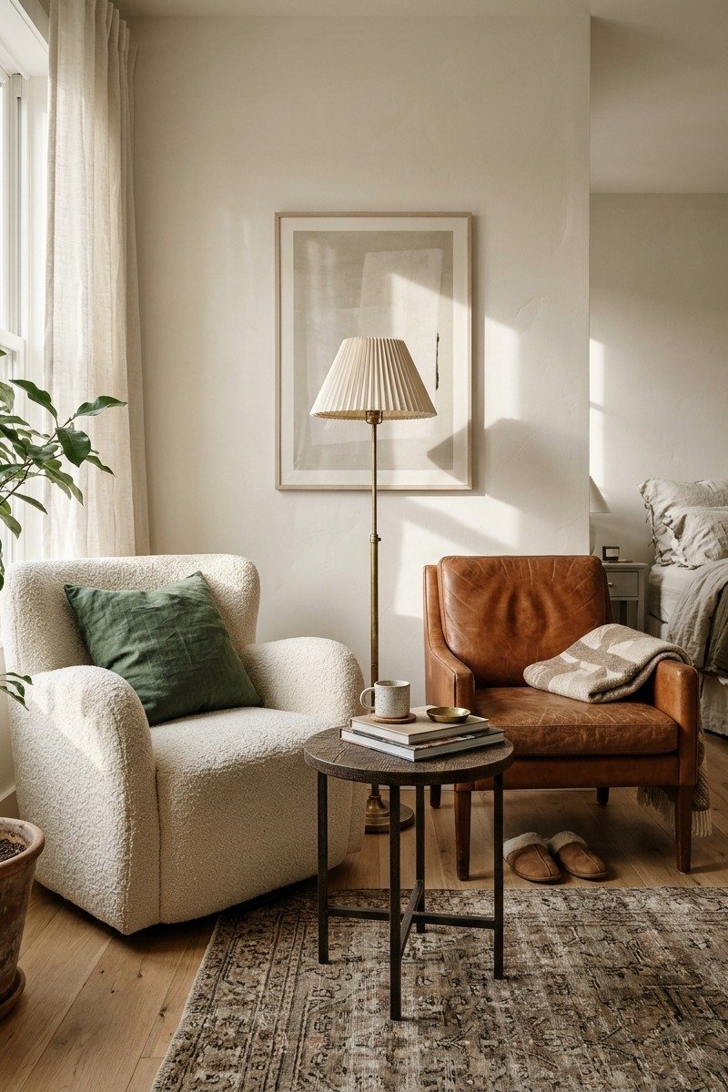 Two reading chairs in a bedroom corner