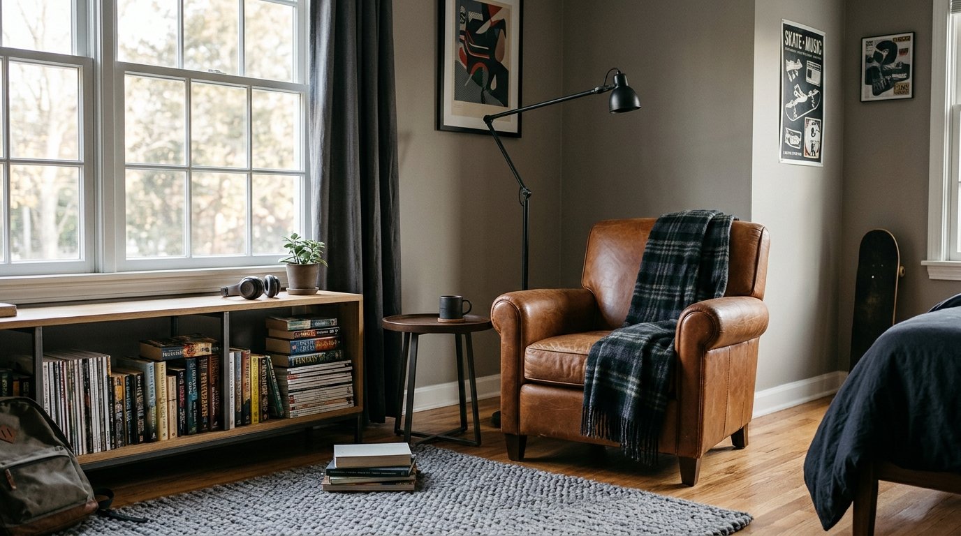 Cosy reading nook with leather armchair, floor lamp and bookshelf in a teen boys room
