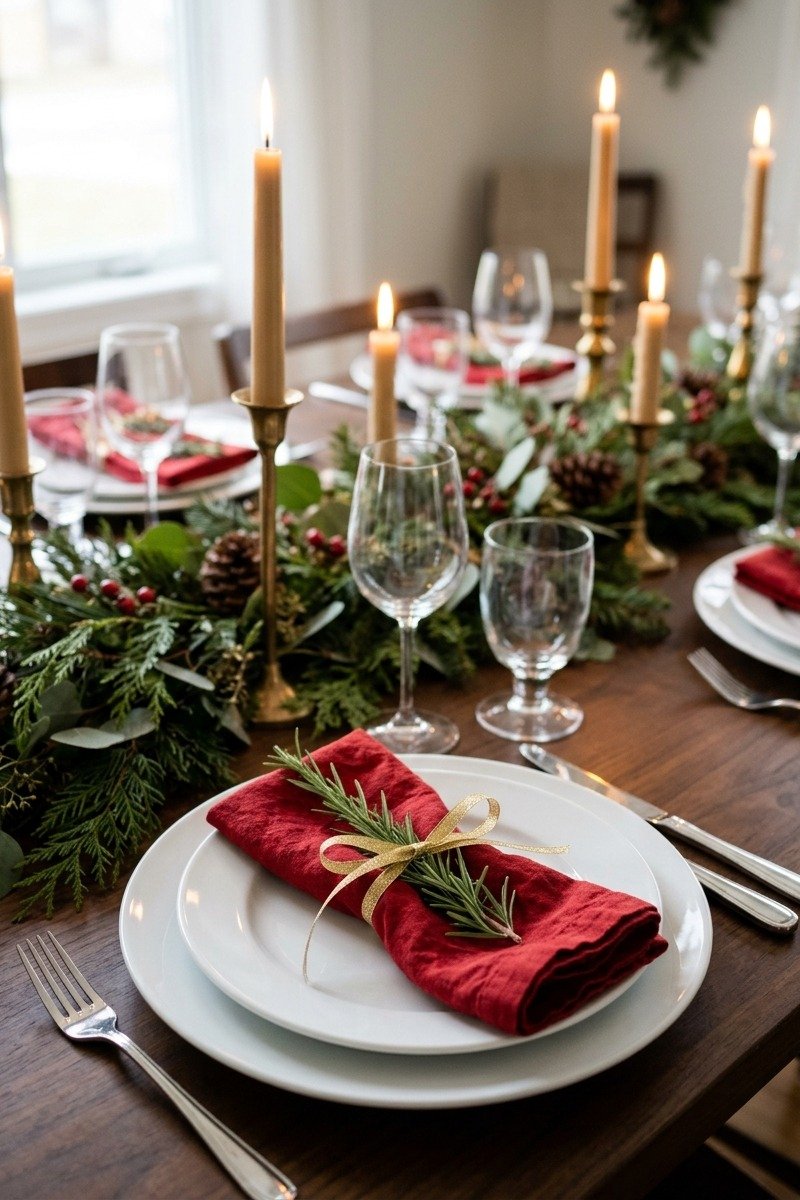 Red linen napkins tied with ribbon and rosemary