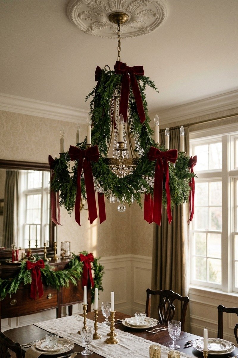 Red velvet bows on a garland and chandelier