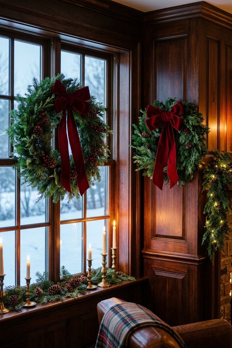 Red velvet bows on wreaths