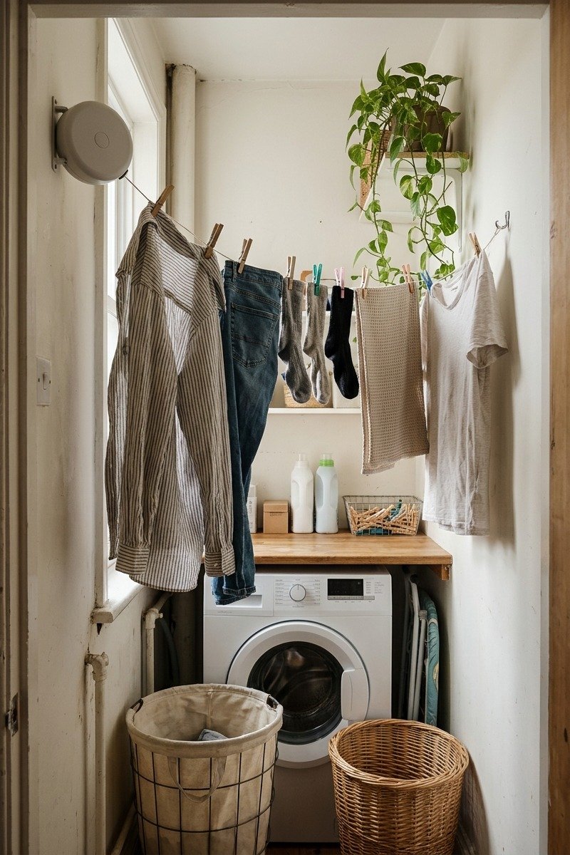 Retractable clothesline in a laundry space
