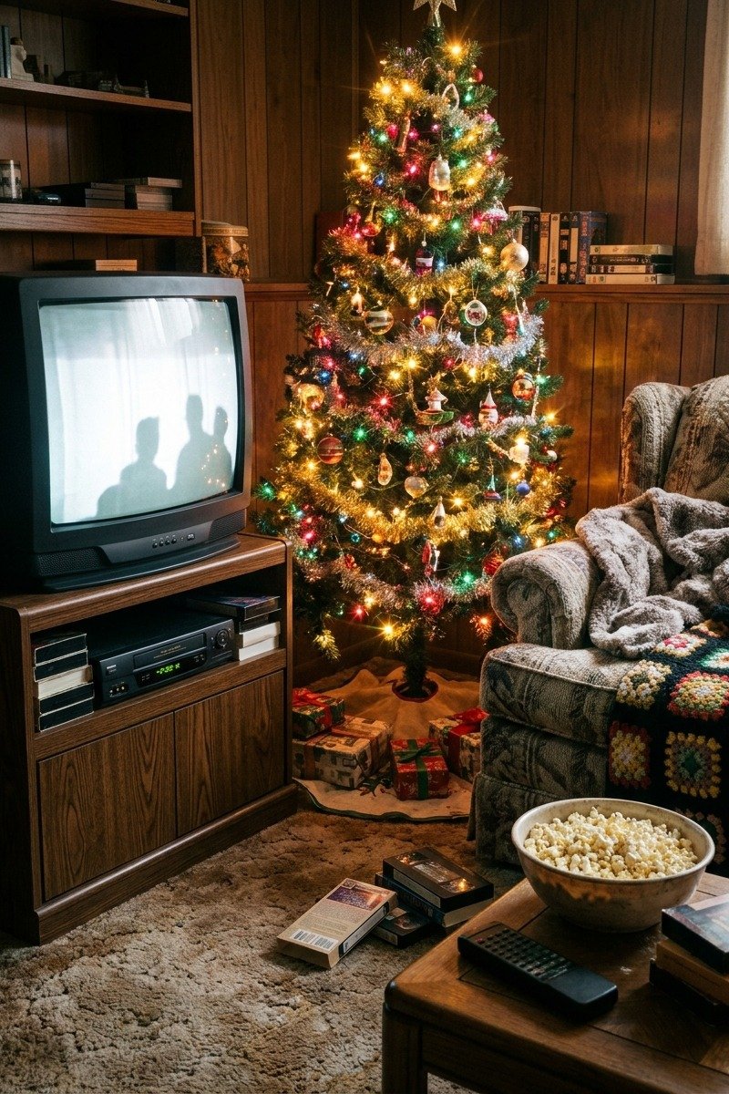 Cozy TV corner with Christmas blankets and popcorn