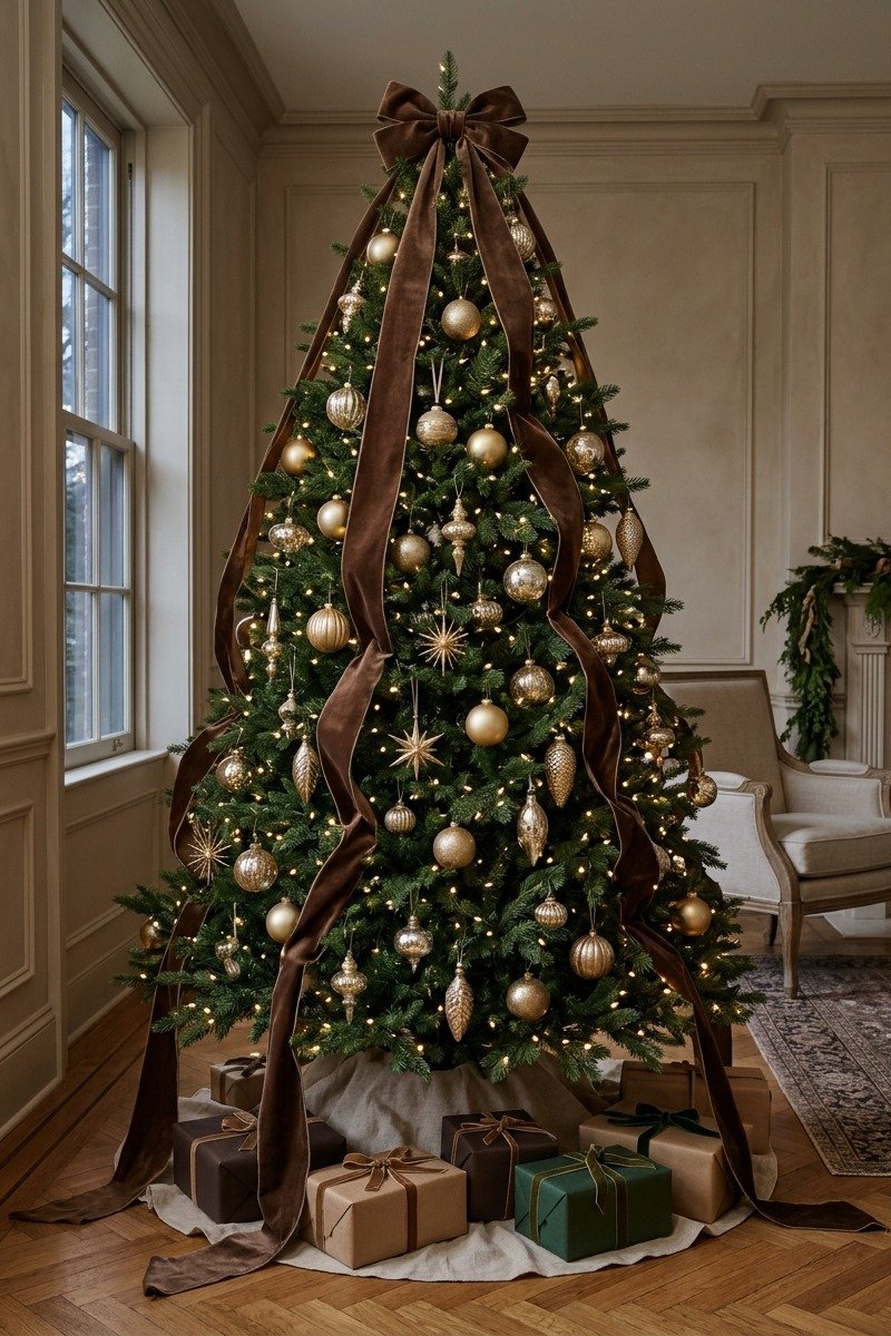 Christmas tree with cascading ribbon