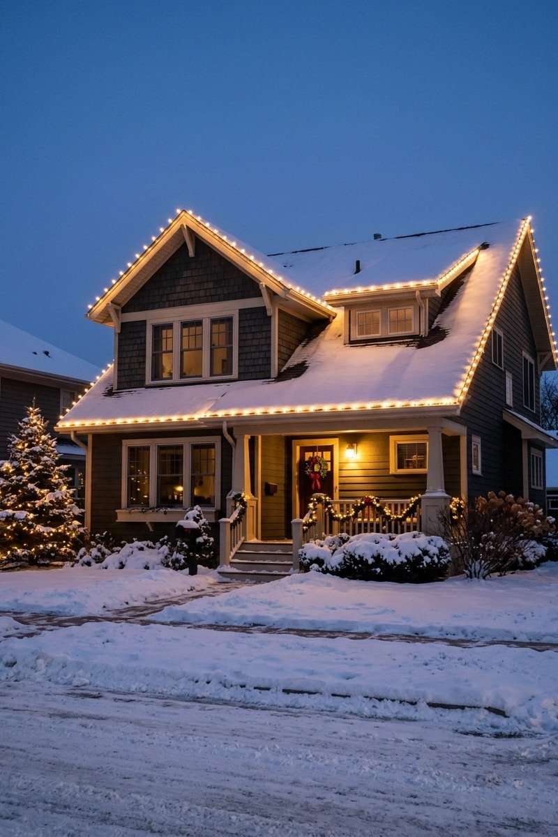 House roofline with big bulb Christmas lights