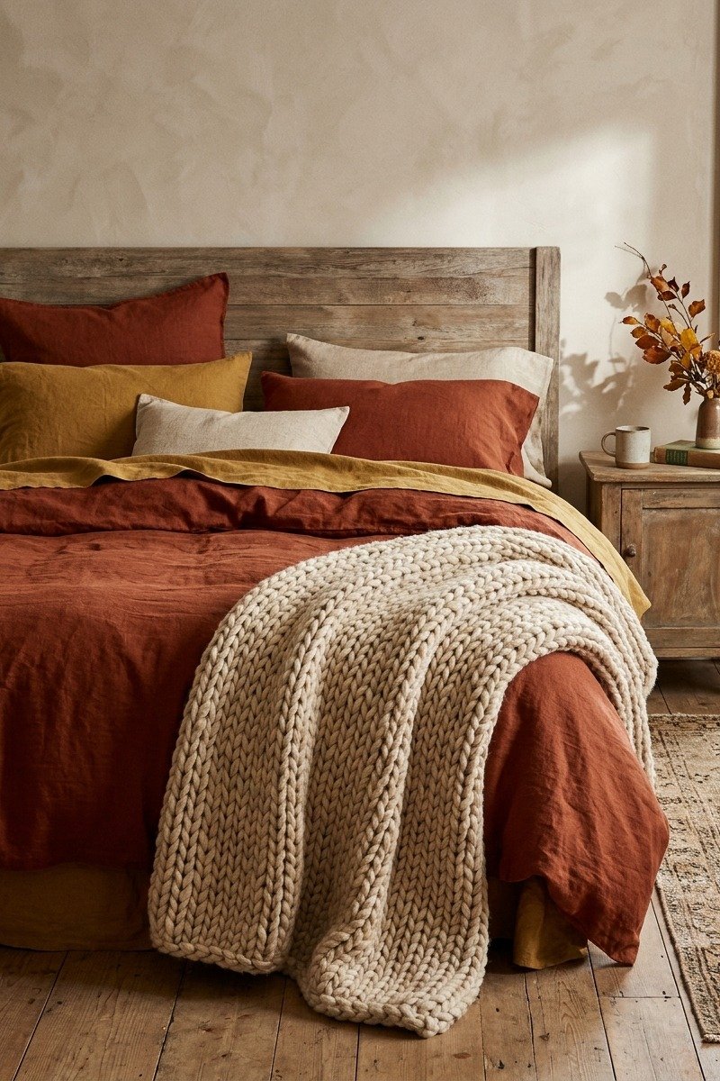 Rust and mustard bedding